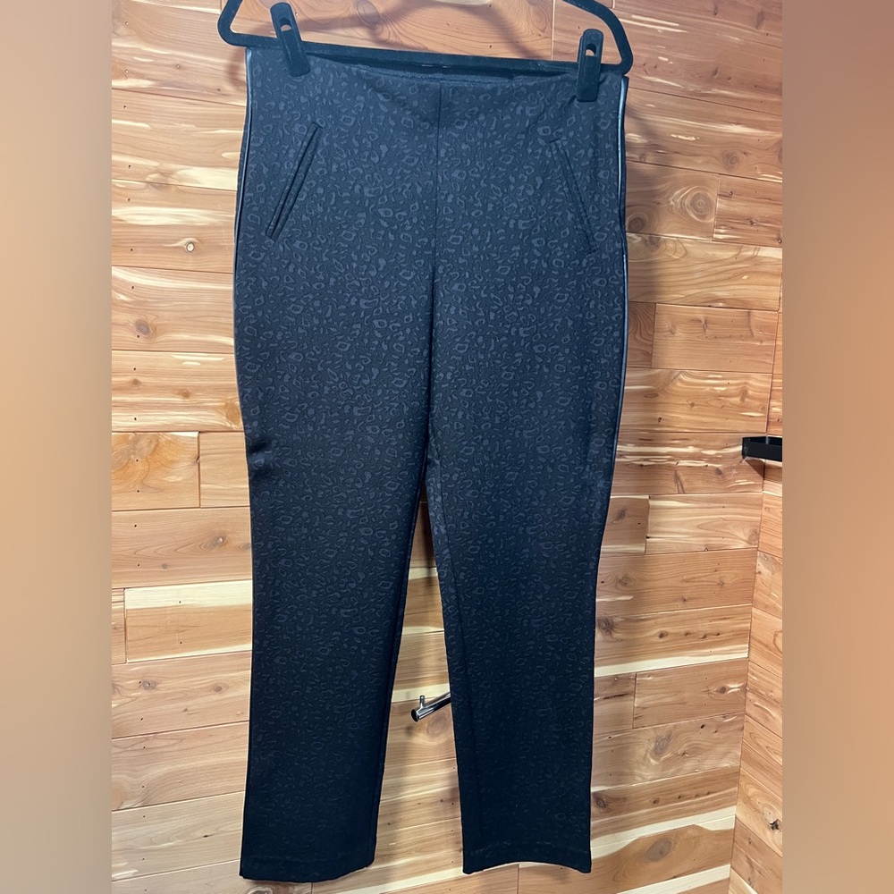 Chico’s Black on Black Juliet Leopard Pull-on Slacks with Faux Leather Piping